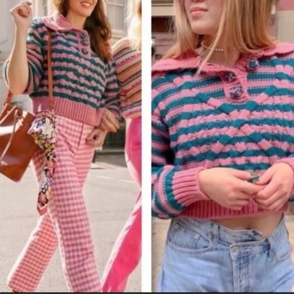 Zara Pink Green Striped Cable Knit Sweater Peter Pan Collar Womens Size L - Picture 2 of 9